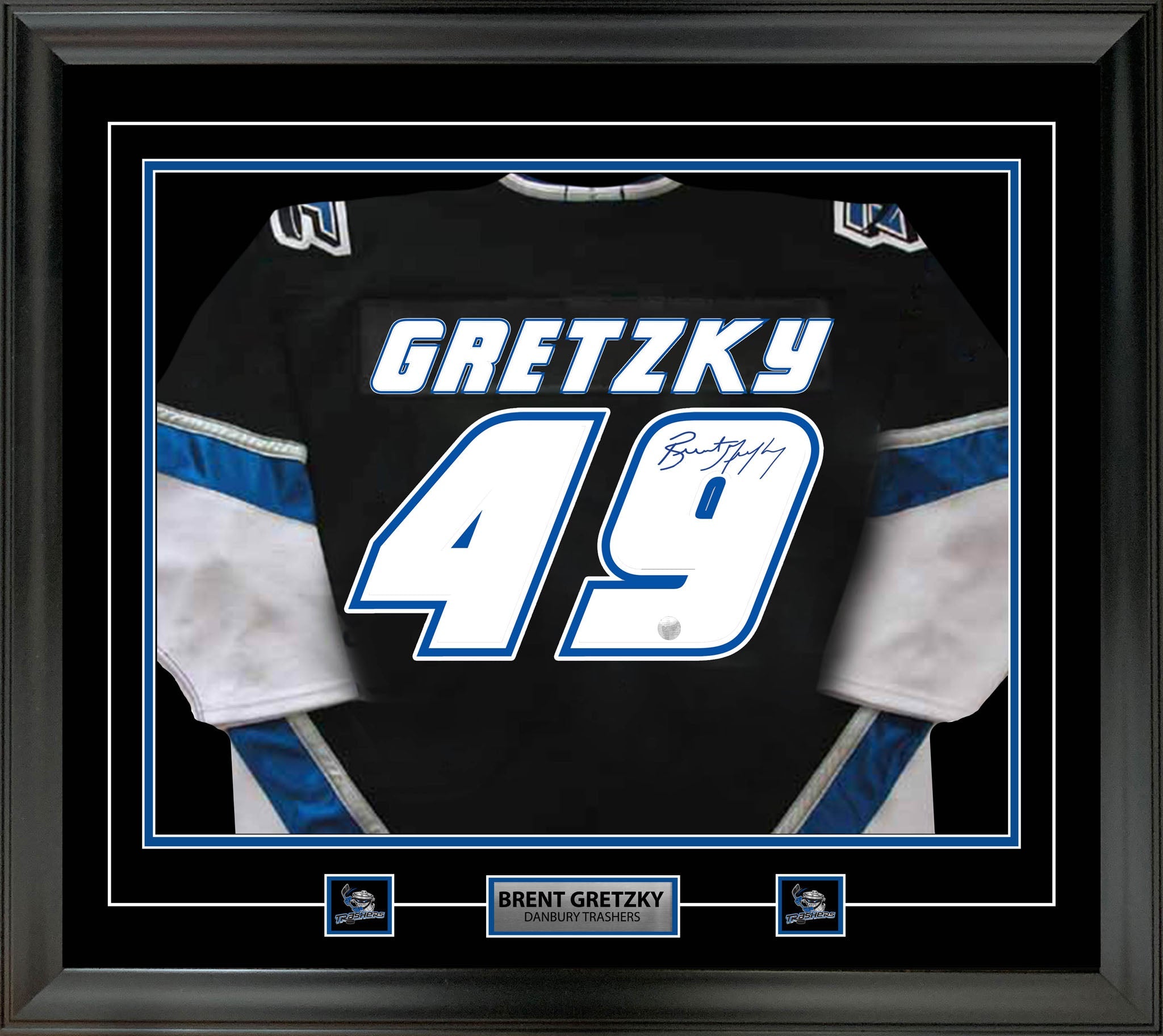 Brent Gretzky Signed Framed Danbury Trashers Blue Game Model Jersey